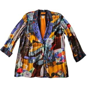 Vtg Carole Little Multicolor Artsy Art Deco Water Color Print Rayon Blazer 12